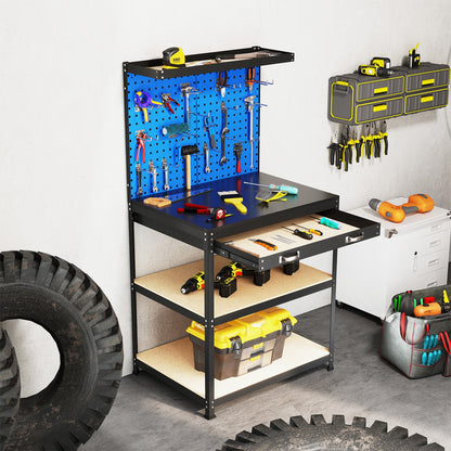 32 x 16 Inch Workbench With Pegboard Drawer, Shelves, Navy Garages at Gallery Canada