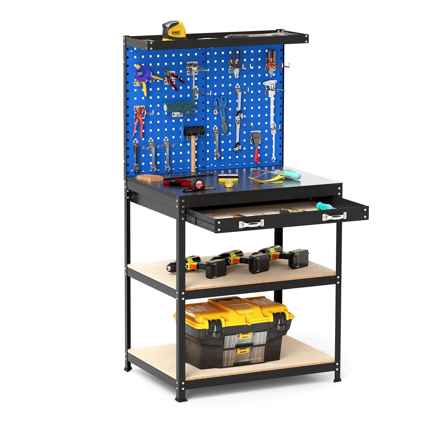 32 x 16 Inch Workbench With Pegboard Drawer, Shelves, Navy Garages at Gallery Canada