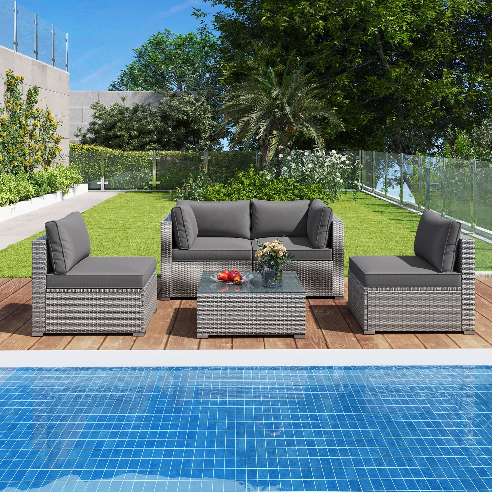 5-Piece Patio Sectional Sofa, Glass Coffee Table, Gray Patio Conversation Sets at Gallery Canada