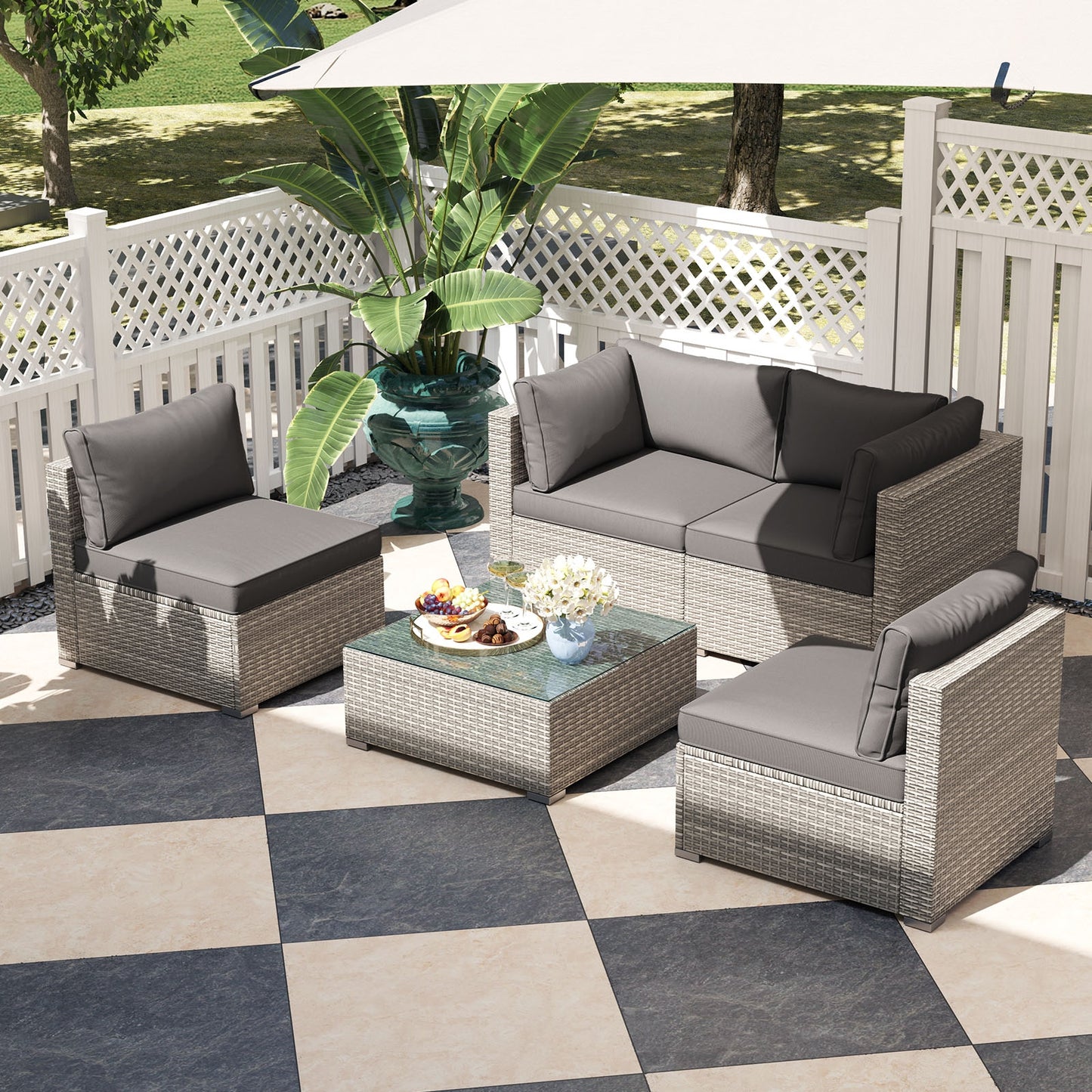 5-Piece Patio Sectional Sofa, Glass Coffee Table, Gray Patio Conversation Sets at Gallery Canada