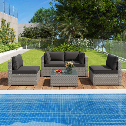 5-Piece Patio Sectional Sofa, Glass Coffee Table, Black Patio Conversation Sets at Gallery Canada
