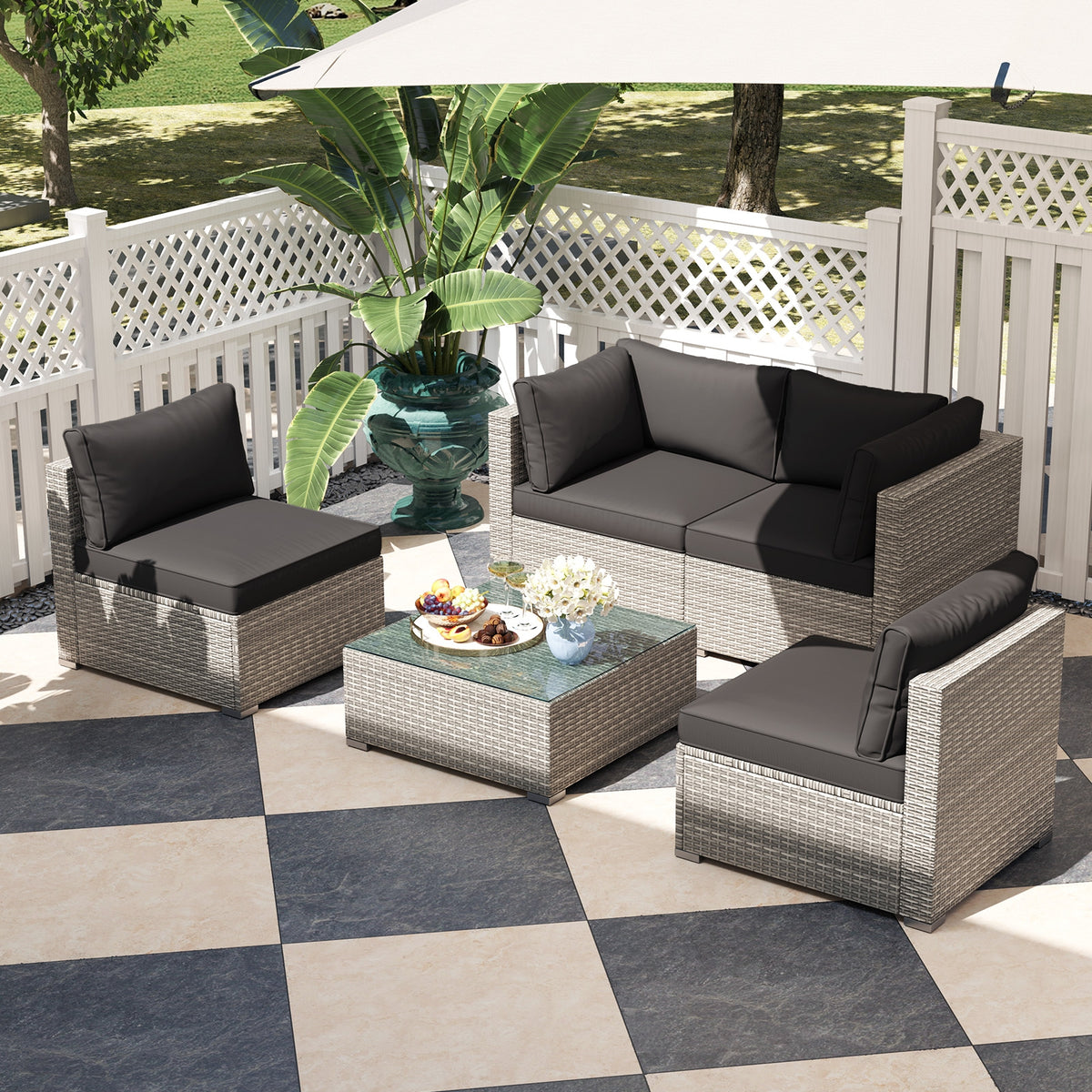 5-Piece Patio Sectional Sofa, Glass Coffee Table, Black Patio Conversation Sets at Gallery Canada