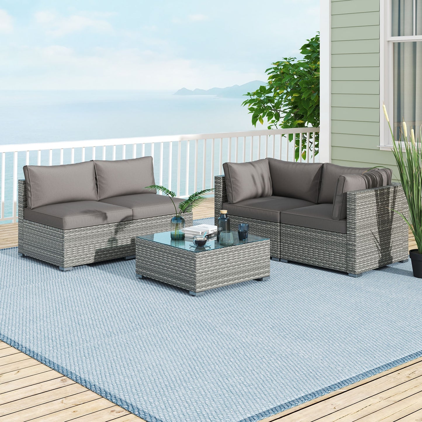 5-Piece Patio Sectional Sofa, Glass Coffee Table, Gray Patio Conversation Sets at Gallery Canada