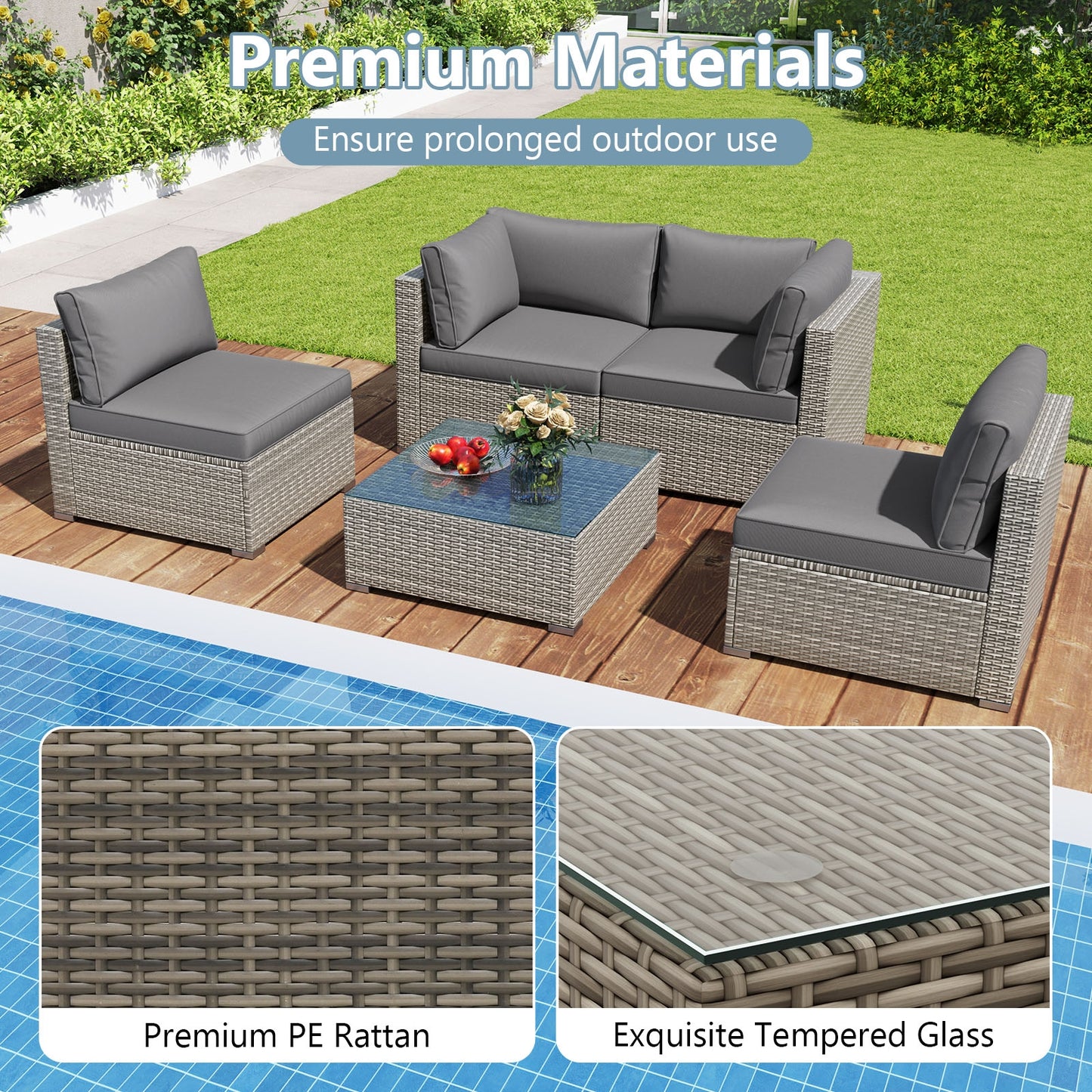 5-Piece Patio Sectional Sofa, Glass Coffee Table, Gray Patio Conversation Sets at Gallery Canada