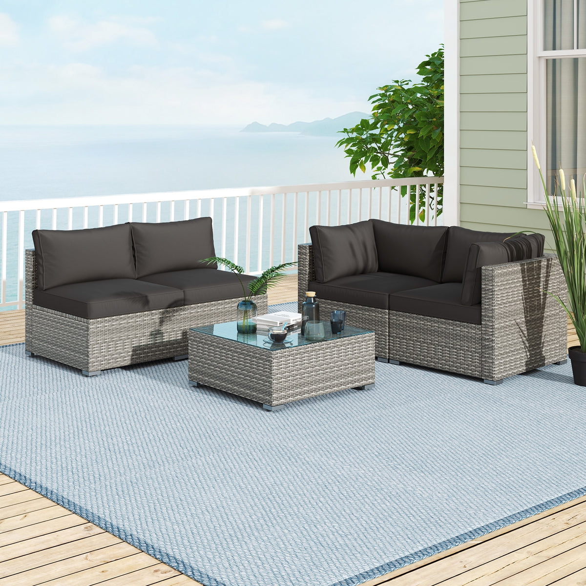 5-Piece Patio Sectional Sofa, Glass Coffee Table, Black Patio Conversation Sets at Gallery Canada