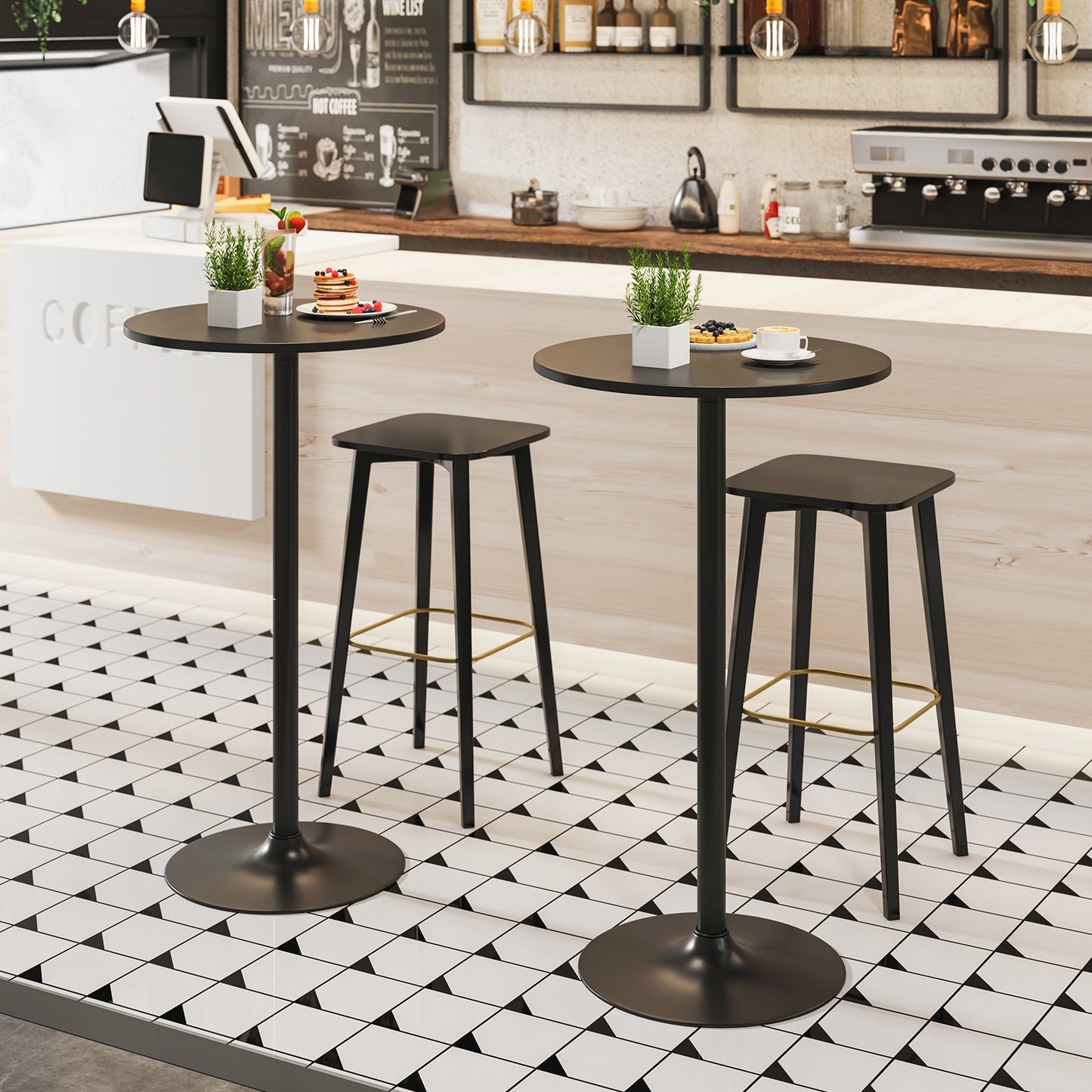 24 Inch Round Cocktail Table, Metal Base, MDF Top, Set of 2, Black Bar Tables at Gallery Canada