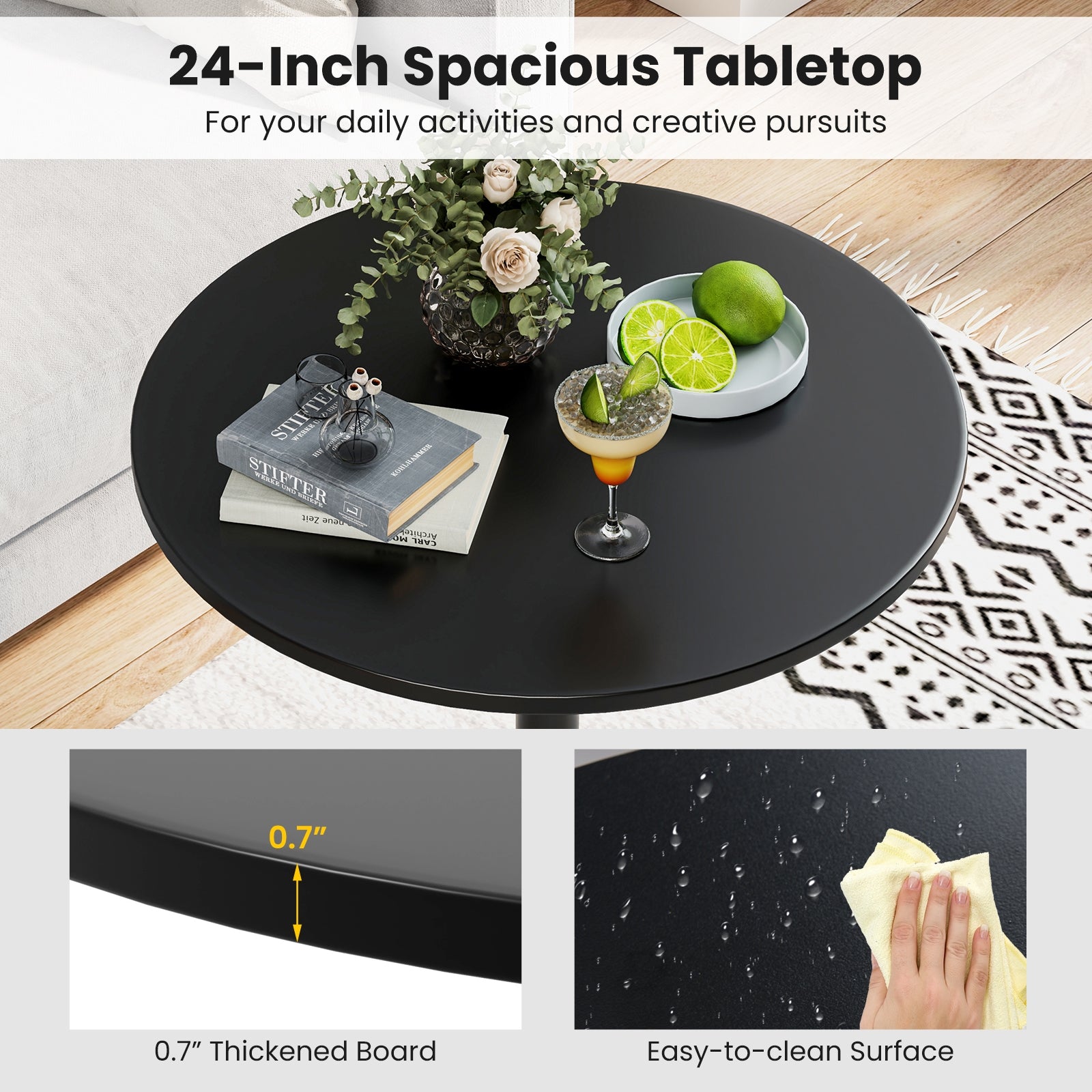 24 Inch Round Cocktail Table, Metal Base, MDF Top, Set of 2, Black Bar Tables at Gallery Canada