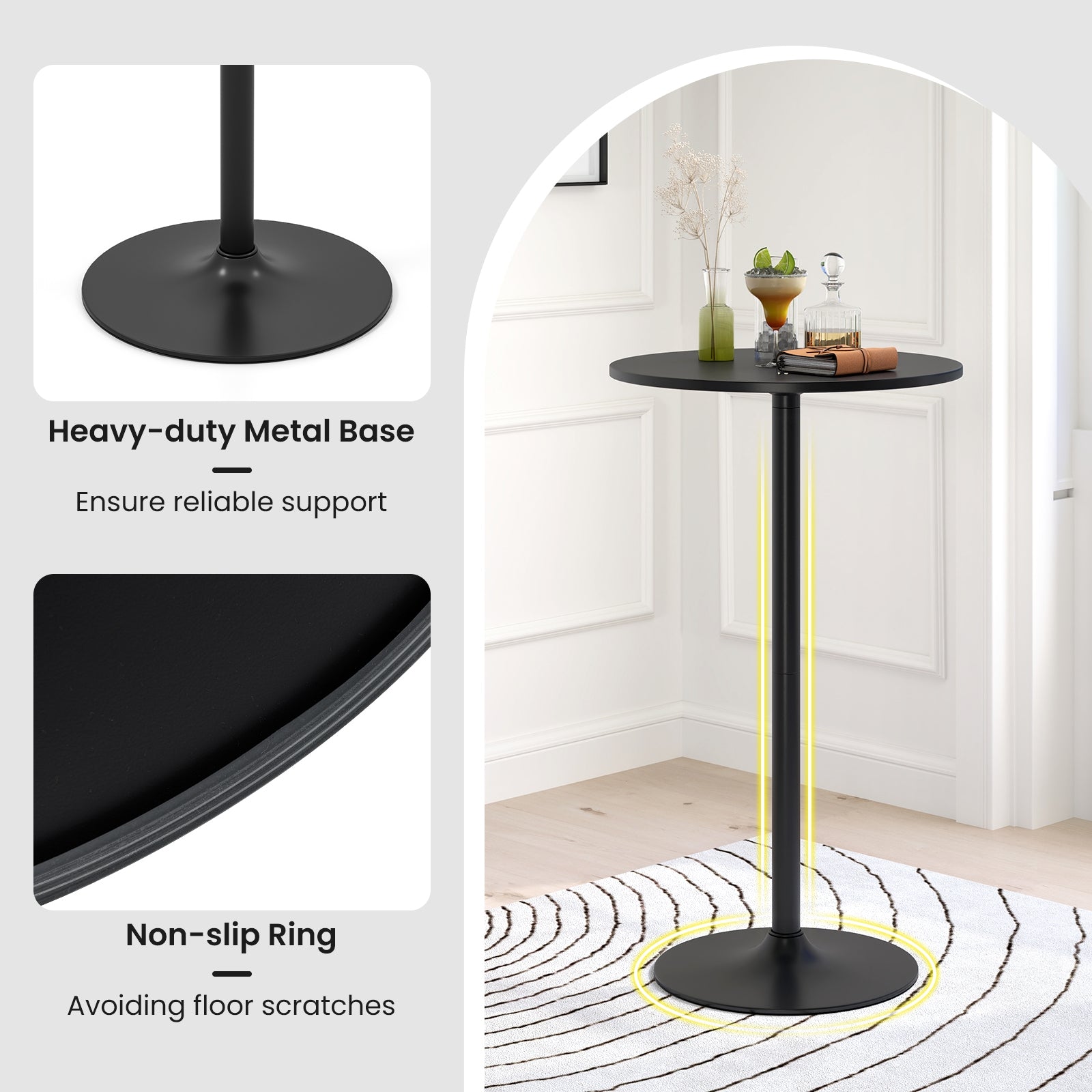 24 Inch Round Cocktail Table, Metal Base, MDF Top, Set of 2, Black Bar Tables at Gallery Canada