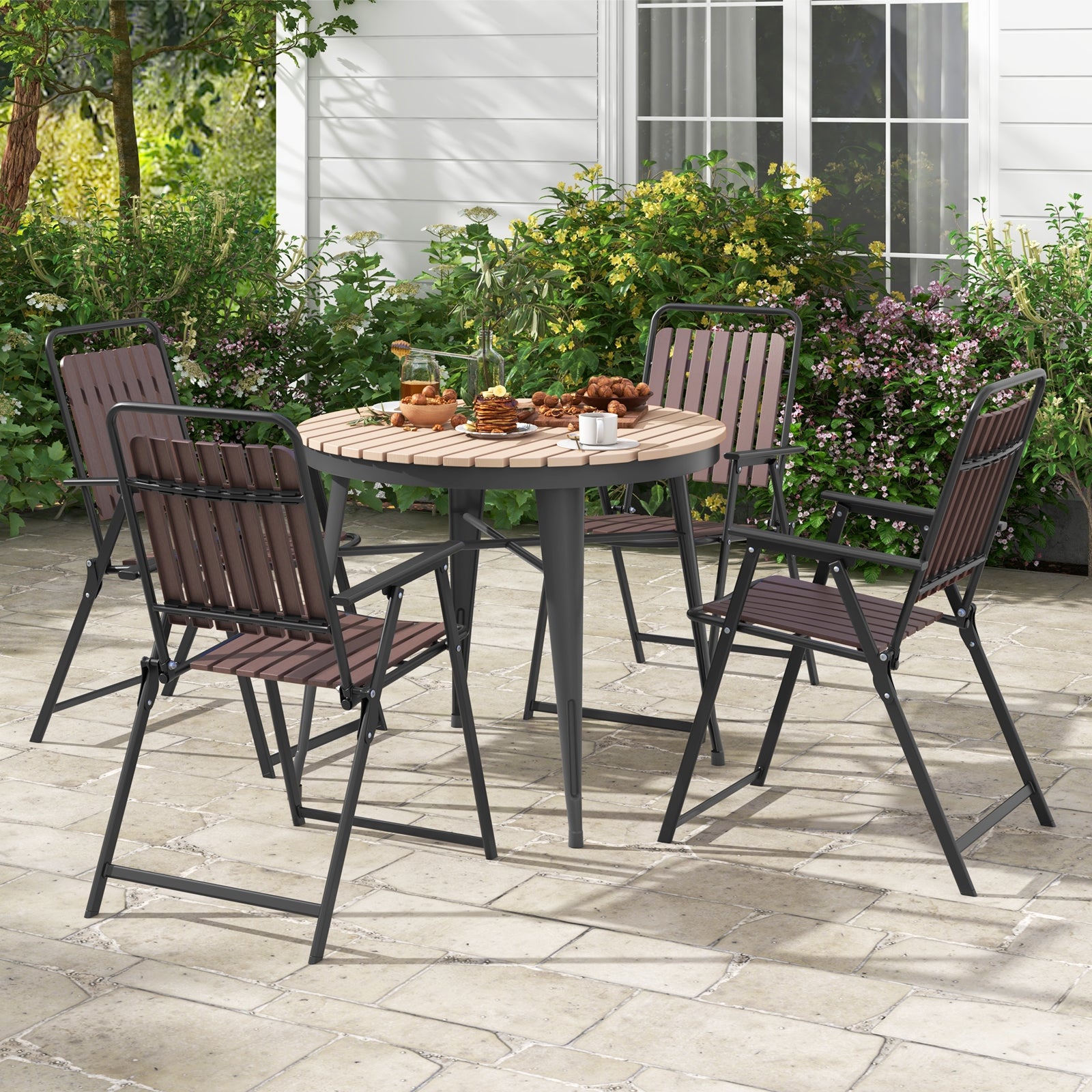 4 Pcs Patio Folding Chairs, PP Seat Back, 400 LBS Heavy Duty Metal Frame, Brown Patio Dining Chairs at Gallery Canada