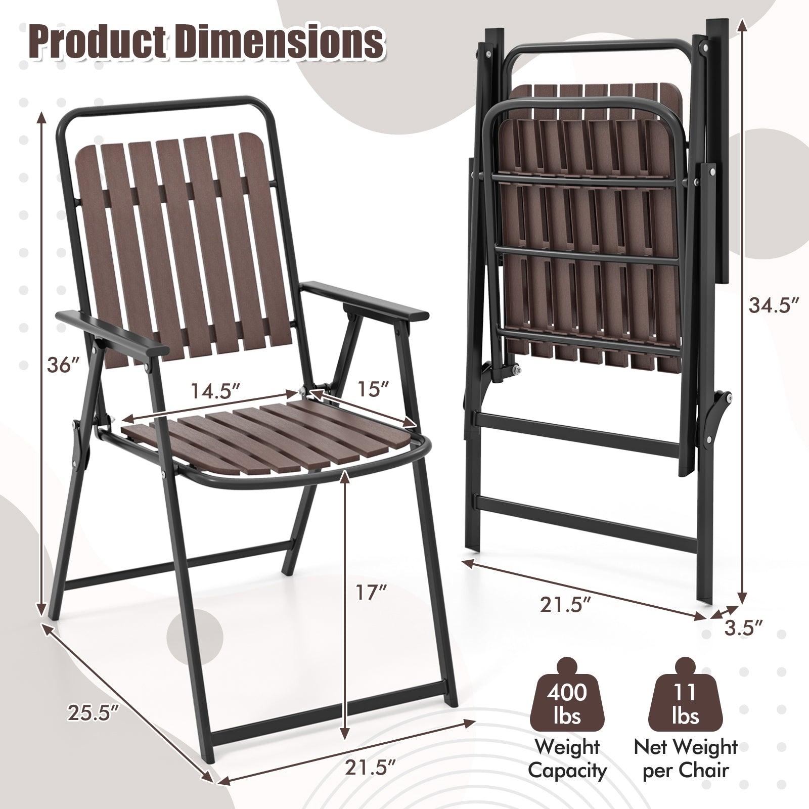 4 Pcs Patio Folding Chairs, PP Seat Back, 400 LBS Heavy Duty Metal Frame, Brown Patio Dining Chairs at Gallery Canada