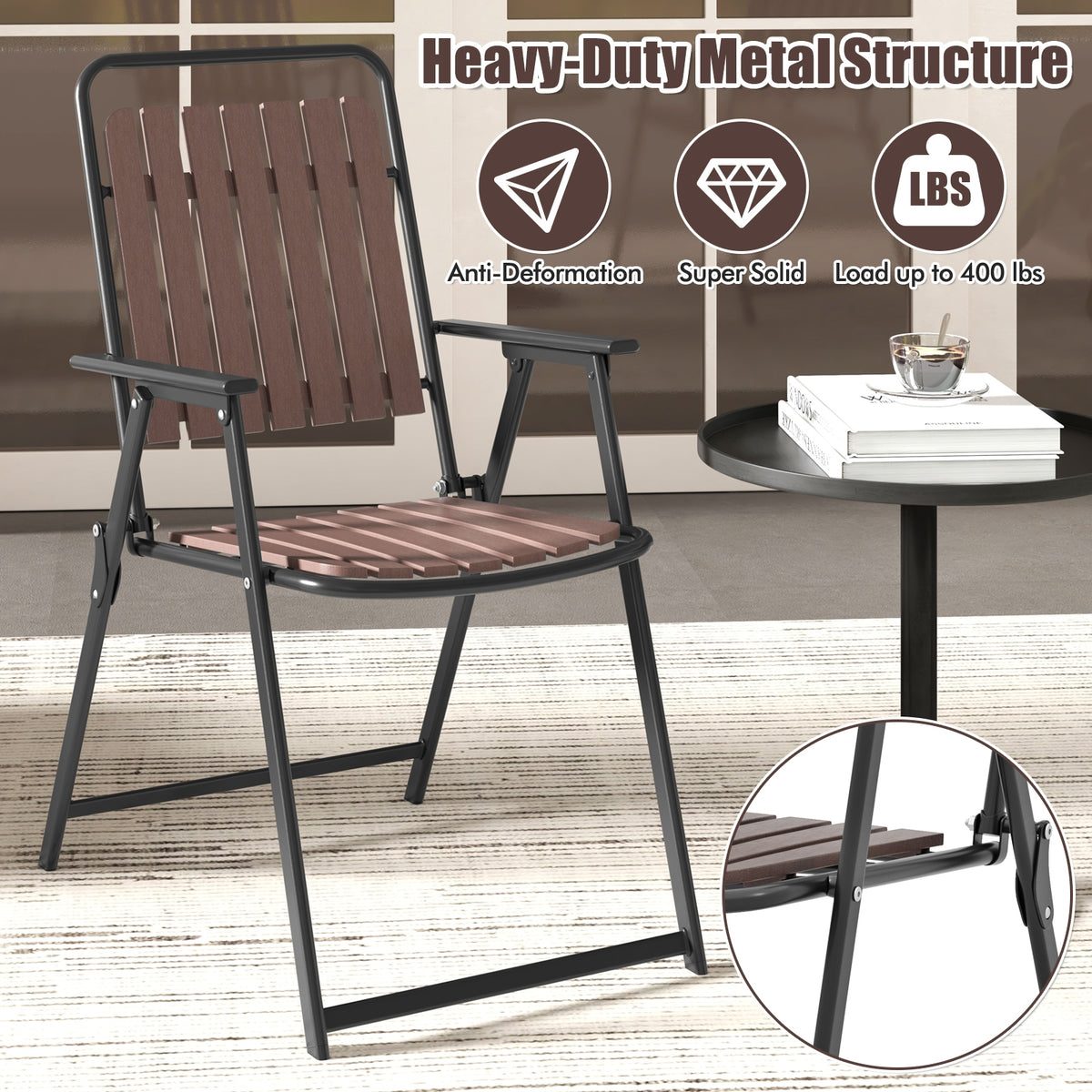 4 Pcs Patio Folding Chairs, PP Seat Back, 400 LBS Heavy Duty Metal Frame, Brown Patio Dining Chairs at Gallery Canada