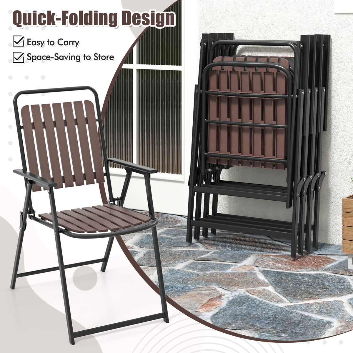 4 Pcs Patio Folding Chairs, PP Seat Back, 400 LBS Heavy Duty Metal Frame, Brown Patio Dining Chairs at Gallery Canada