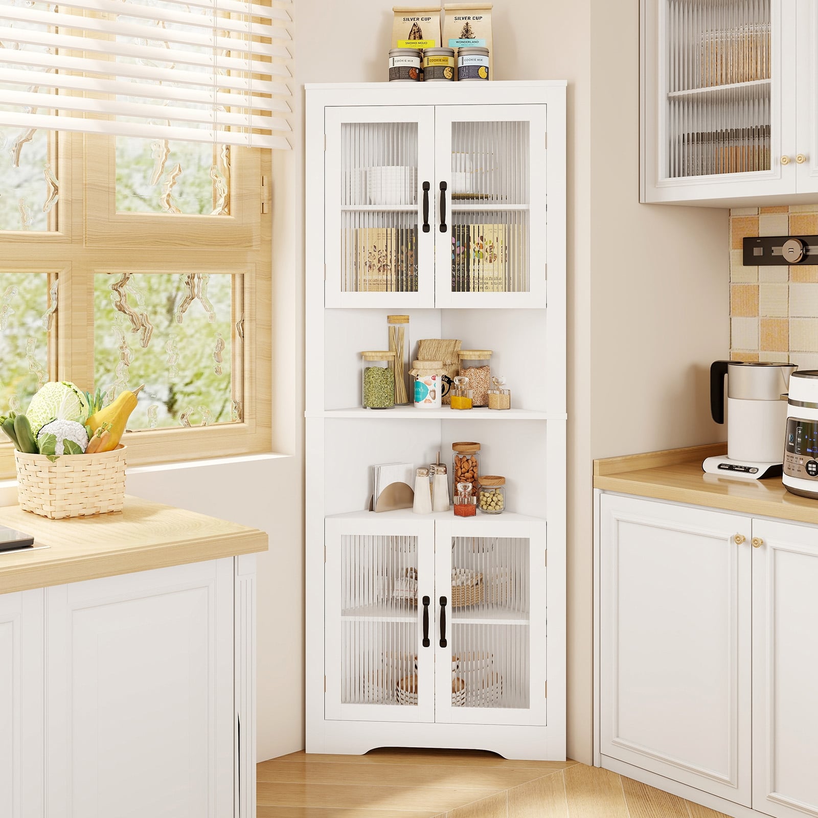 67 Inch Corner Cabinet, Tempered Glass Doors, White Sideboards Cabinets & Buffets at Gallery Canada