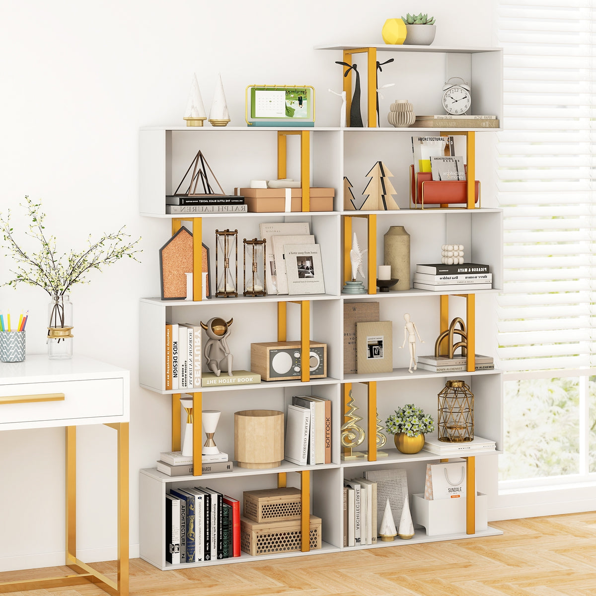 Geometric Bookcase, 6-Tier, Metal Frame, Anti-Tipping Kits, White Bookcases at Gallery Canada