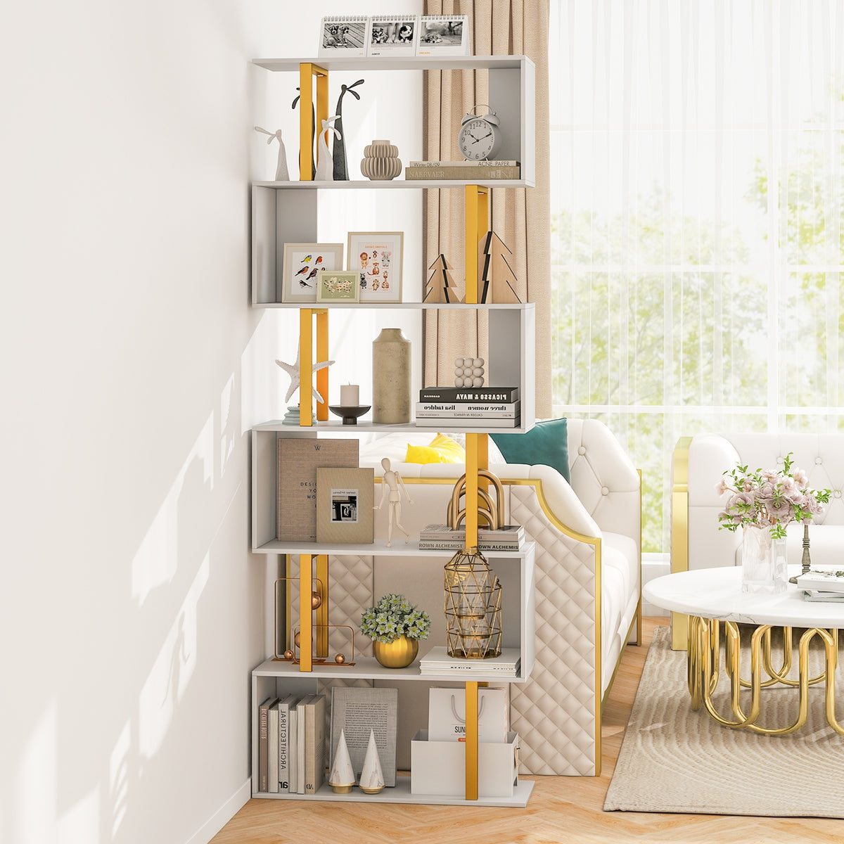 Geometric Bookcase, 6-Tier, Metal Frame, Anti-Tipping Kits, White Bookcases at Gallery Canada