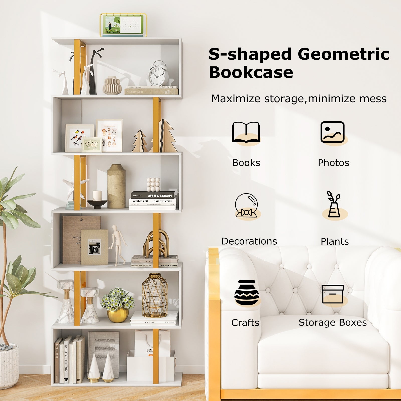 Geometric Bookcase, 6-Tier, Metal Frame, Anti-Tipping Kits, White Bookcases at Gallery Canada