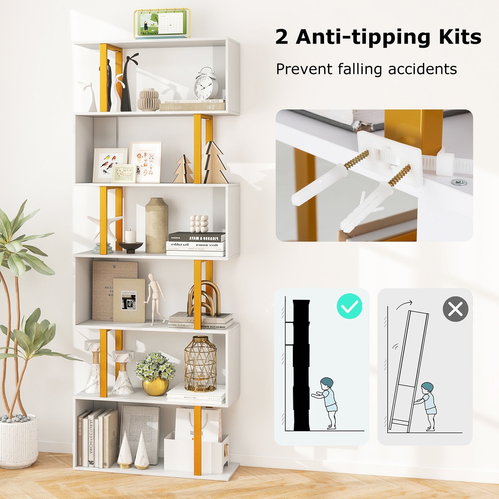 Geometric Bookcase, 6-Tier, Metal Frame, Anti-Tipping Kits, White Bookcases at Gallery Canada