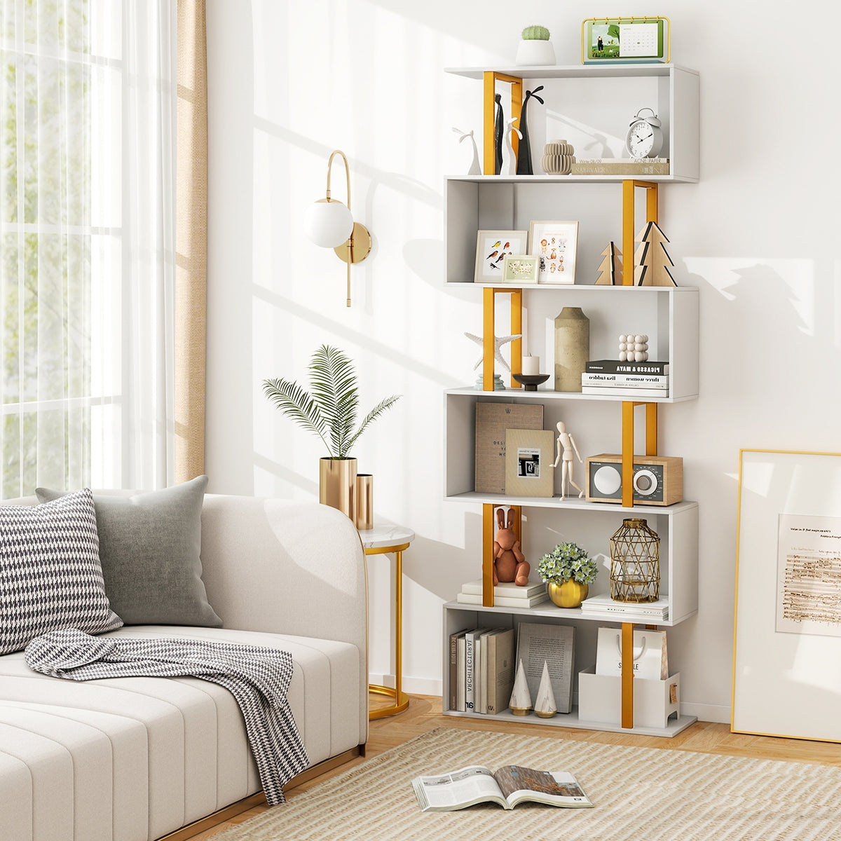 Geometric Bookcase, 6-Tier, Metal Frame, Anti-Tipping Kits, White Bookcases at Gallery Canada
