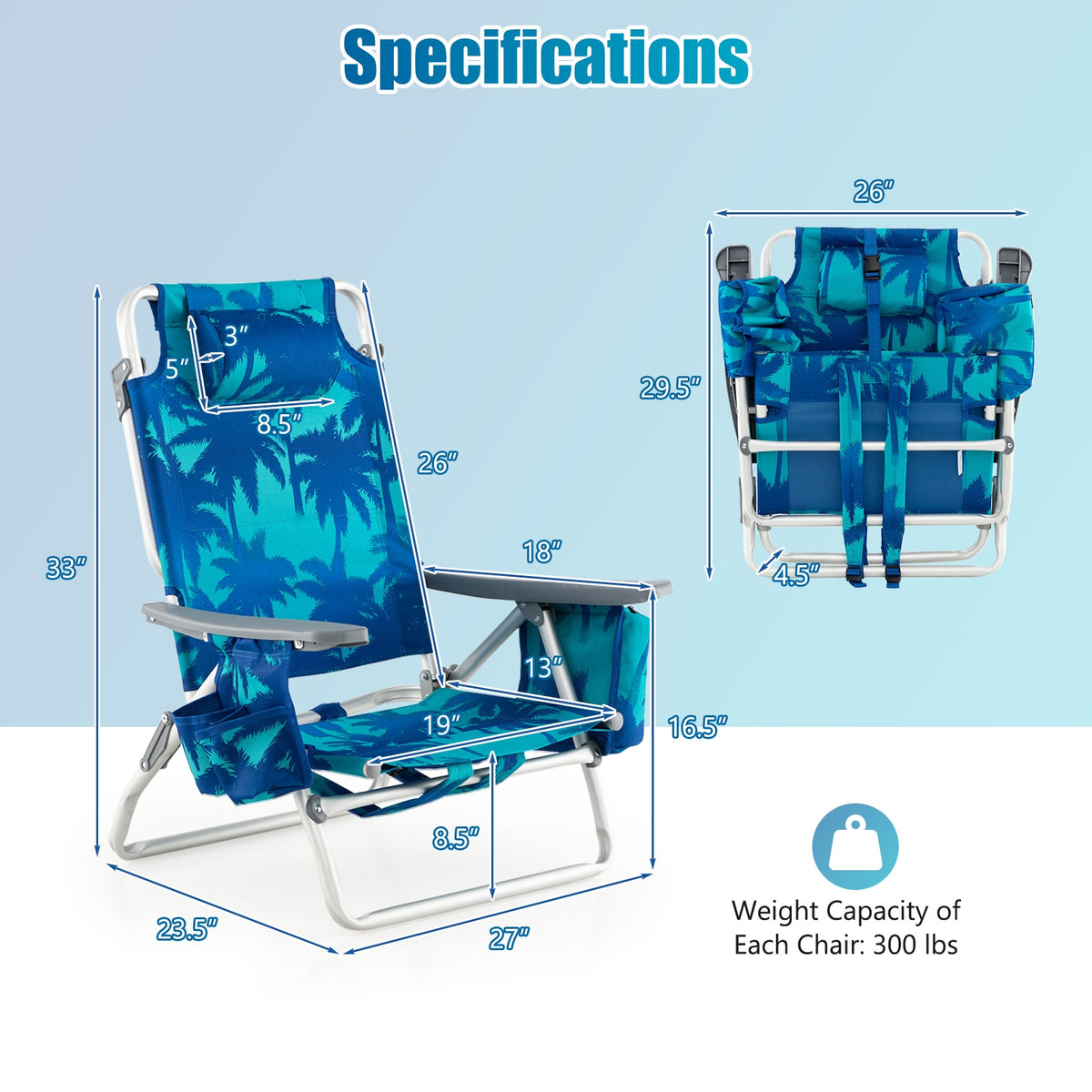Folding Backpack Beach Chair With Pillow, Peacock Blue Beach & Lawn Chairs at Gallery Canada