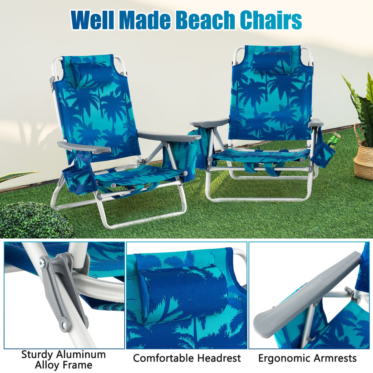 Folding Backpack Beach Chair With Pillow, Peacock Blue Beach & Lawn Chairs at Gallery Canada
