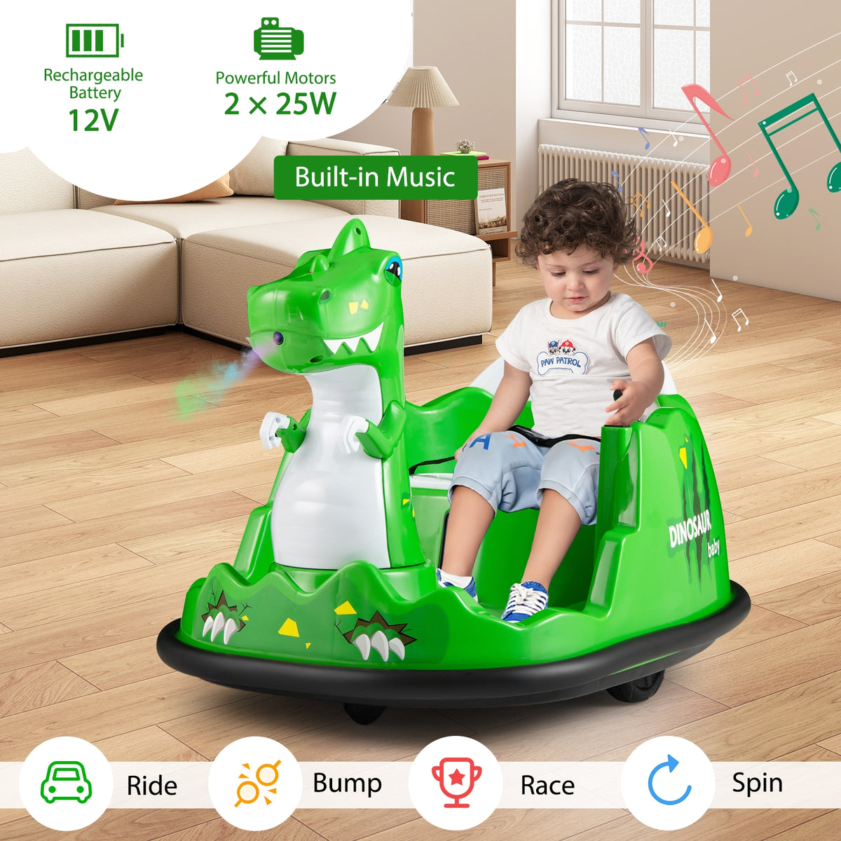 12V Bumper Car With Spray, Remote Control, For Toddlers 2-5, Green Powered Ride On Toys at Gallery Canada