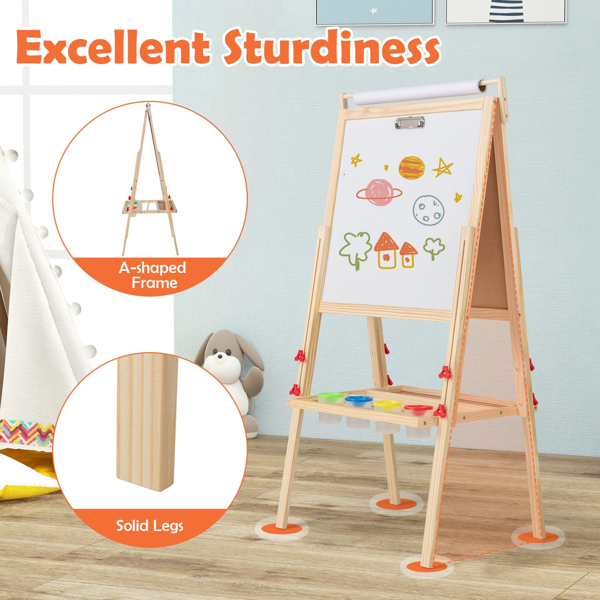 Adjustable Double-Sided Easel With 4 Paint Cups, Natural Art Easels at Gallery Canada