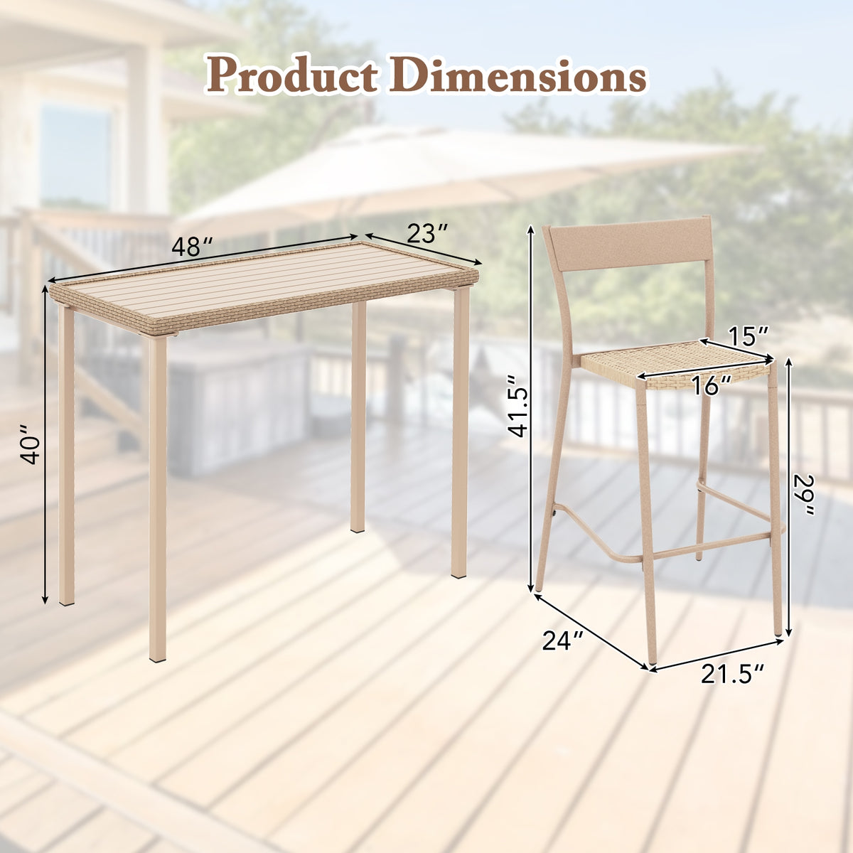 3 Piece Patio Bar Table Set, Height Table, 2 Armless Chairs, Brown Patio Bar Furniture at Gallery Canada