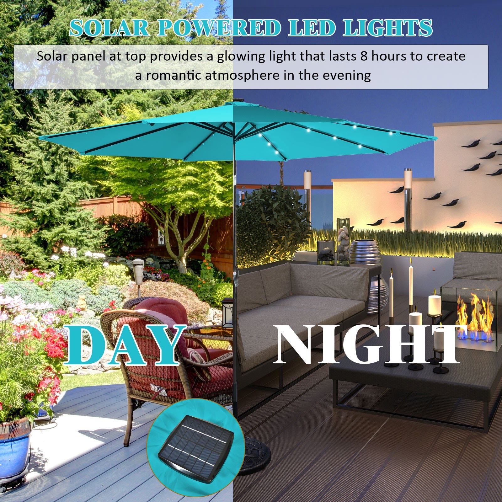 10 Feet Outdoor Patio Umbrella, Solar LED Lights, Turquoise Outdoor Umbrellas at Gallery Canada