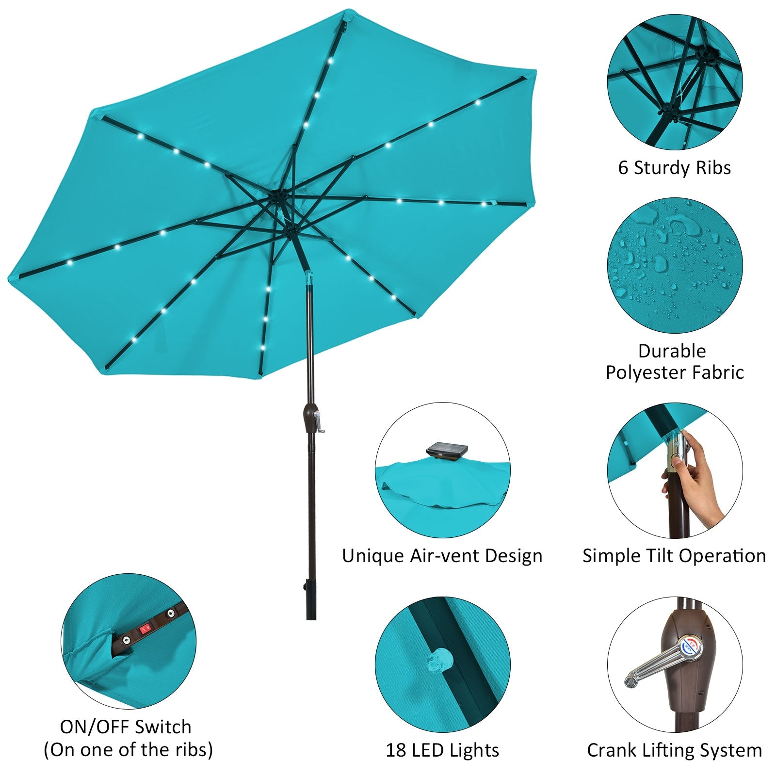 10 Feet Outdoor Patio Umbrella, Solar LED Lights, Turquoise Outdoor Umbrellas at Gallery Canada
