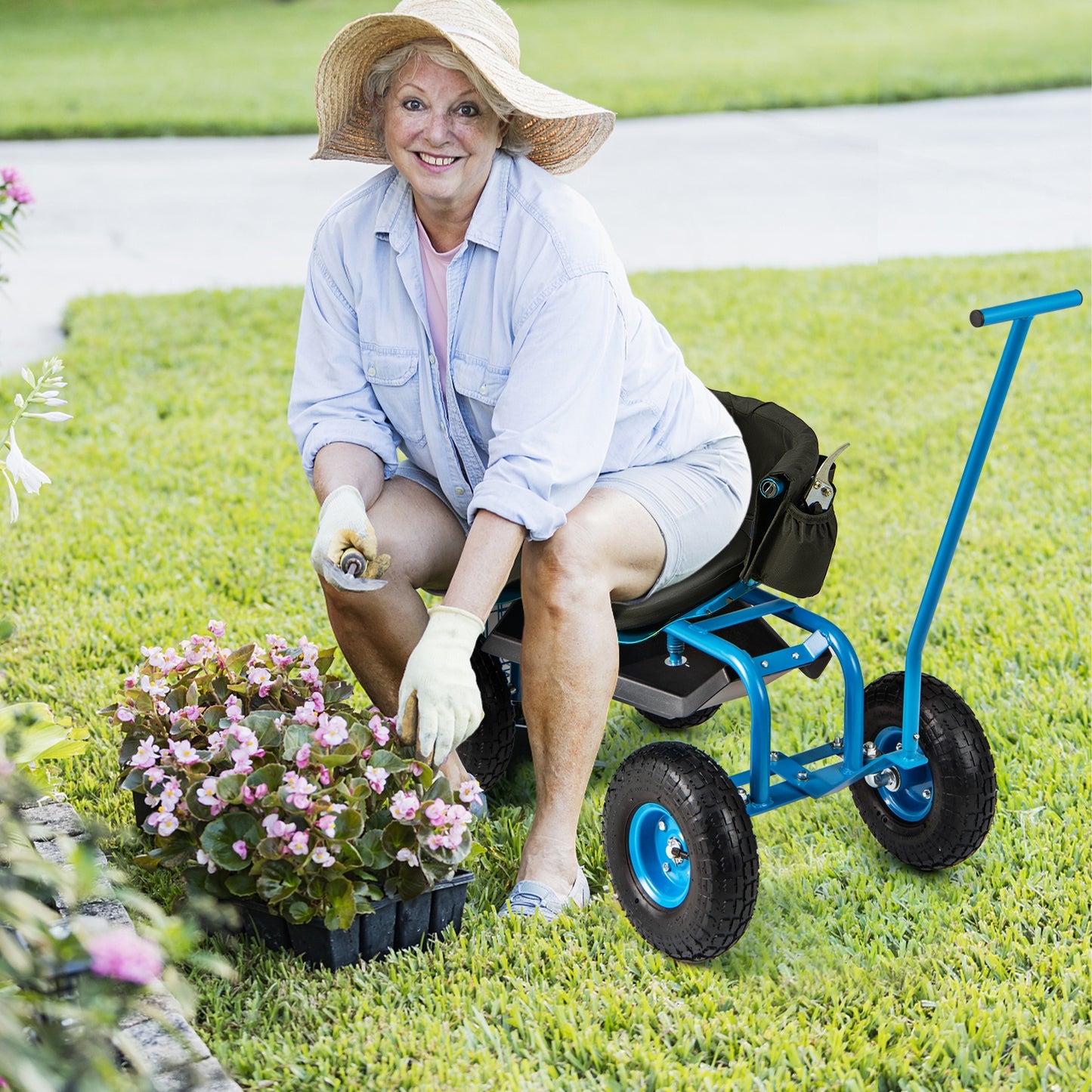 Rolling Garden Cart, Height Adjustable Swivel Seat, Storage Basket, Blue Garden Carts at Gallery Canada