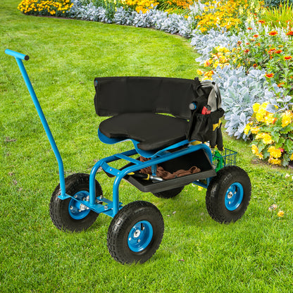 Rolling Garden Cart, Height Adjustable Swivel Seat, Storage Basket, Blue Garden Carts at Gallery Canada