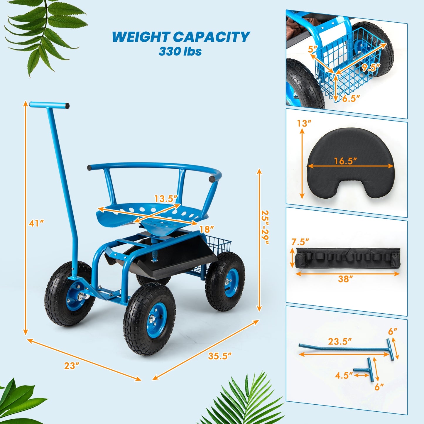 Rolling Garden Cart, Height Adjustable Swivel Seat, Storage Basket, Blue Garden Carts at Gallery Canada