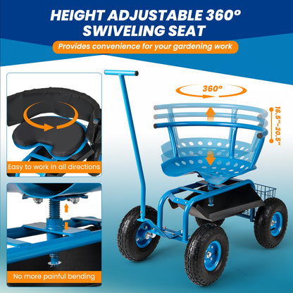 Rolling Garden Cart, Height Adjustable Swivel Seat, Storage Basket, Blue Garden Carts at Gallery Canada