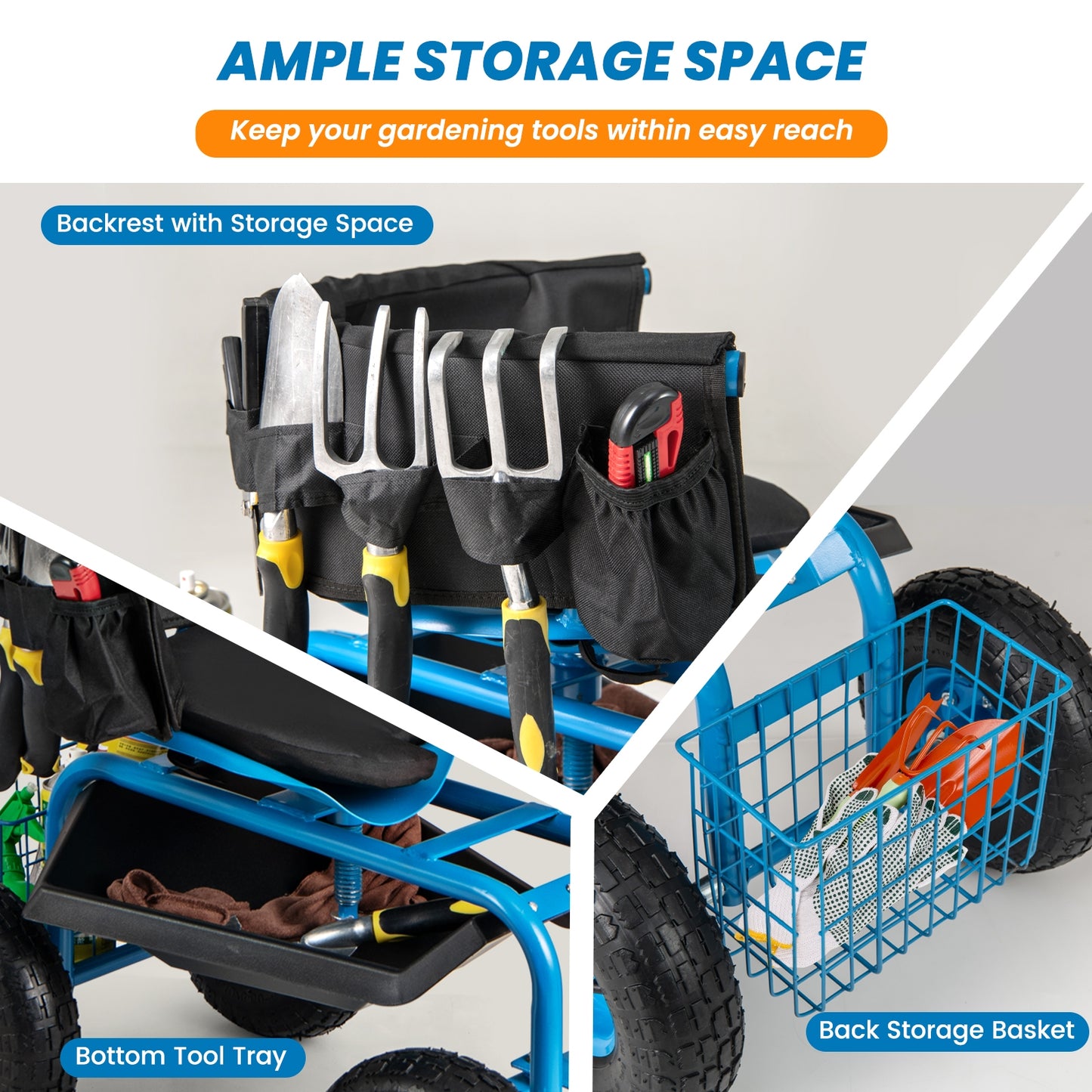 Rolling Garden Cart, Height Adjustable Swivel Seat, Storage Basket, Blue Garden Carts at Gallery Canada
