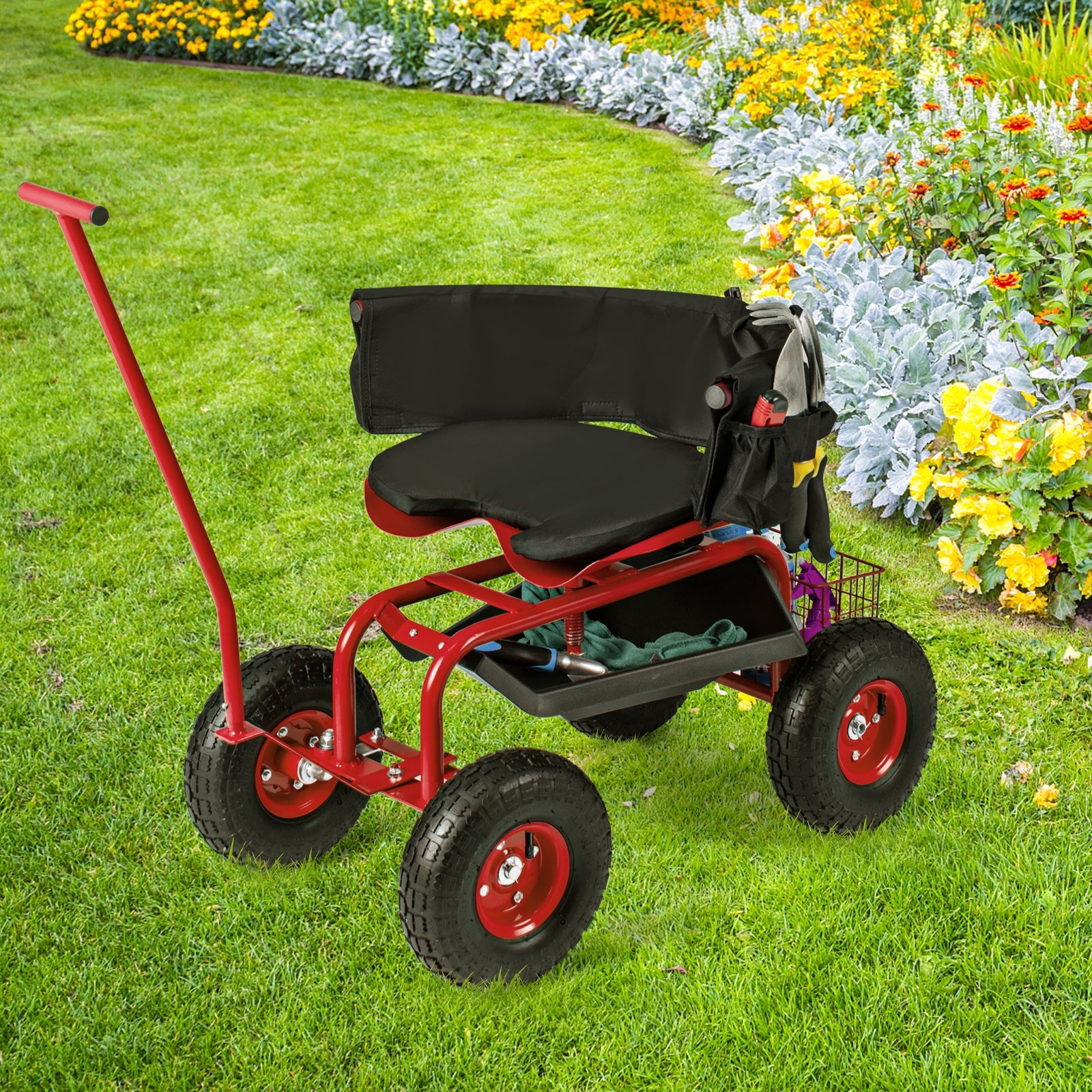 Garden Cart With Adjustable Seat, Storage Basket, Red Garden Carts at Gallery Canada