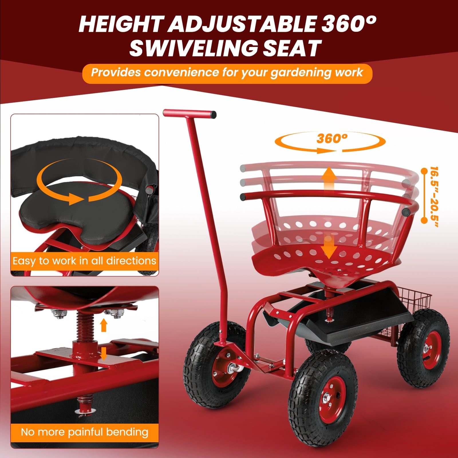 Garden Cart With Adjustable Seat, Storage Basket, Red Garden Carts at Gallery Canada