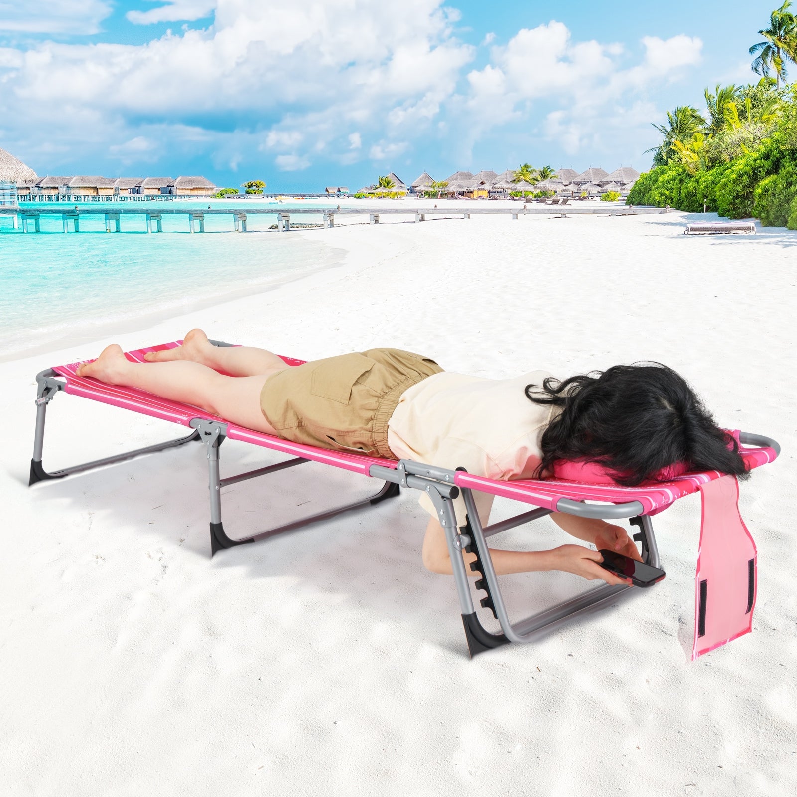 Folding Beach Lounge Chair With Pillow, Pink And White Outdoor Chaise Lounges at Gallery Canada