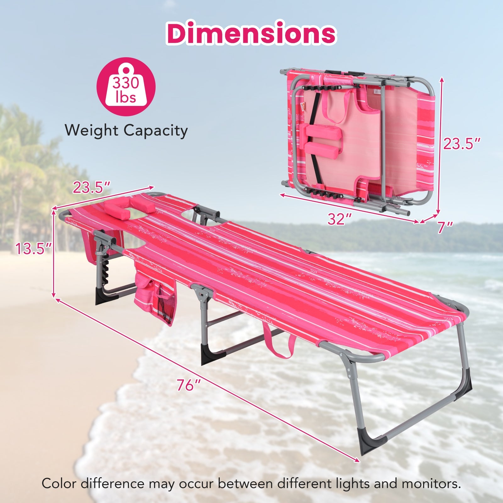 Folding Beach Lounge Chair With Pillow, Pink And White Outdoor Chaise Lounges at Gallery Canada