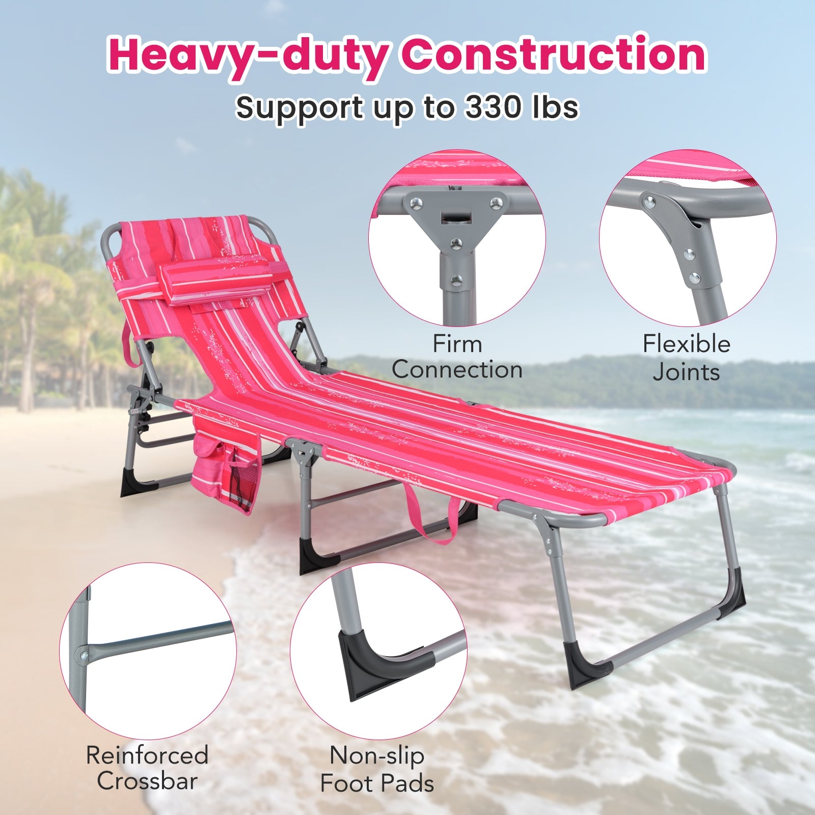 Folding Beach Lounge Chair With Pillow, Pink And White Outdoor Chaise Lounges at Gallery Canada