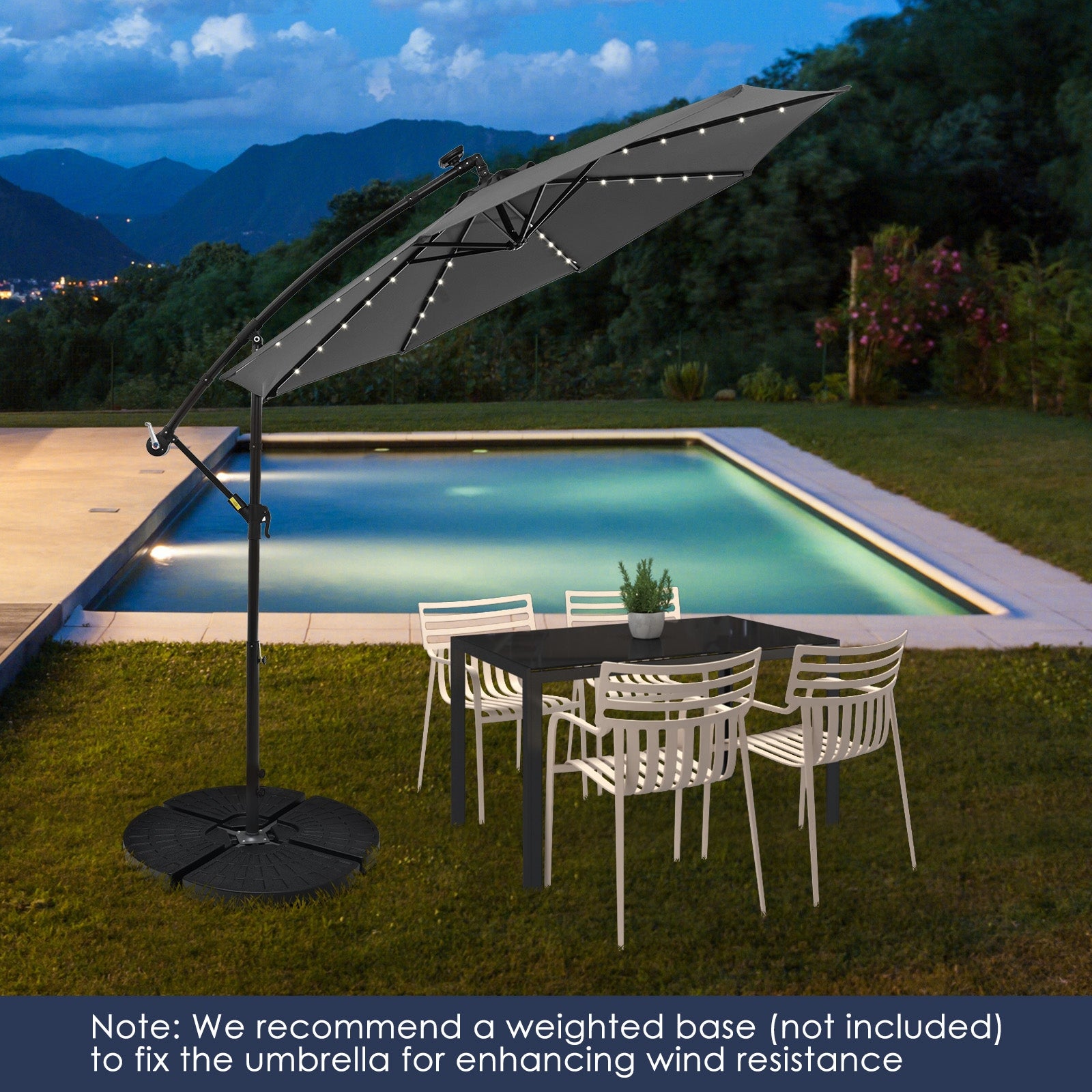 10 Feet Solar Offset Hanging Umbrella, 40 Lamp Beads, Gray Outdoor Umbrellas at Gallery Canada