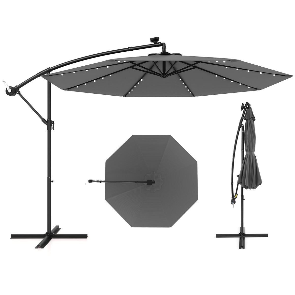 10 Feet Solar Offset Hanging Umbrella, 40 Lamp Beads, Gray Outdoor Umbrellas at Gallery Canada