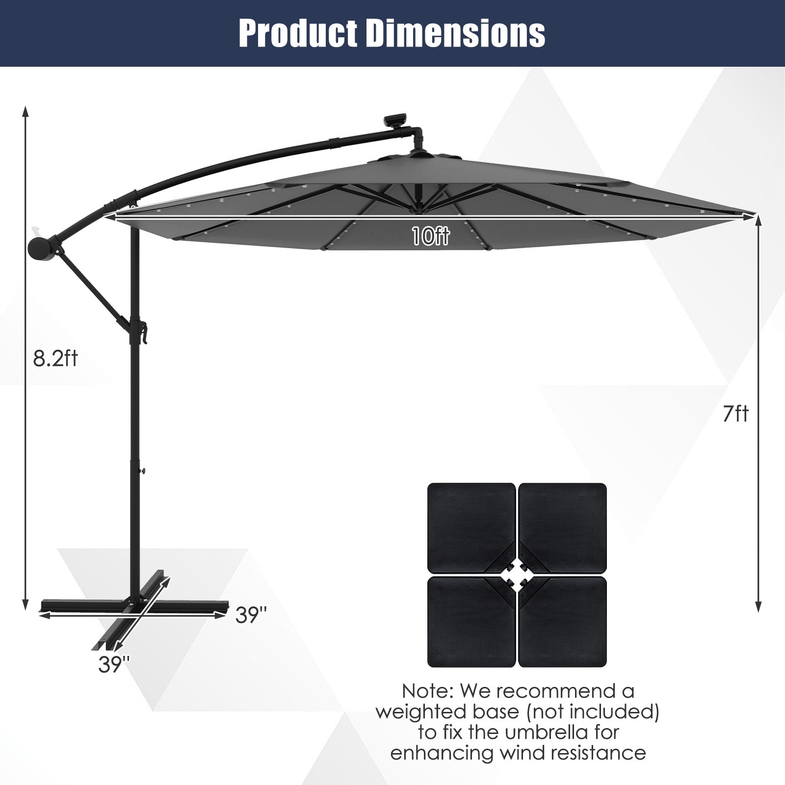 10 Feet Solar Offset Hanging Umbrella, 40 Lamp Beads, Gray Outdoor Umbrellas at Gallery Canada