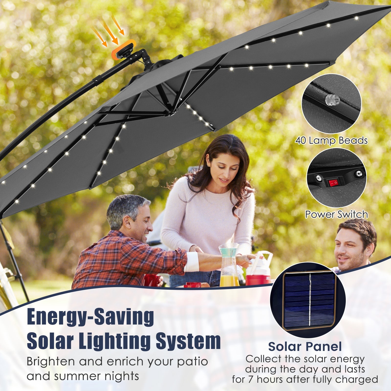10 Feet Solar Offset Hanging Umbrella, 40 Lamp Beads, Gray Outdoor Umbrellas at Gallery Canada