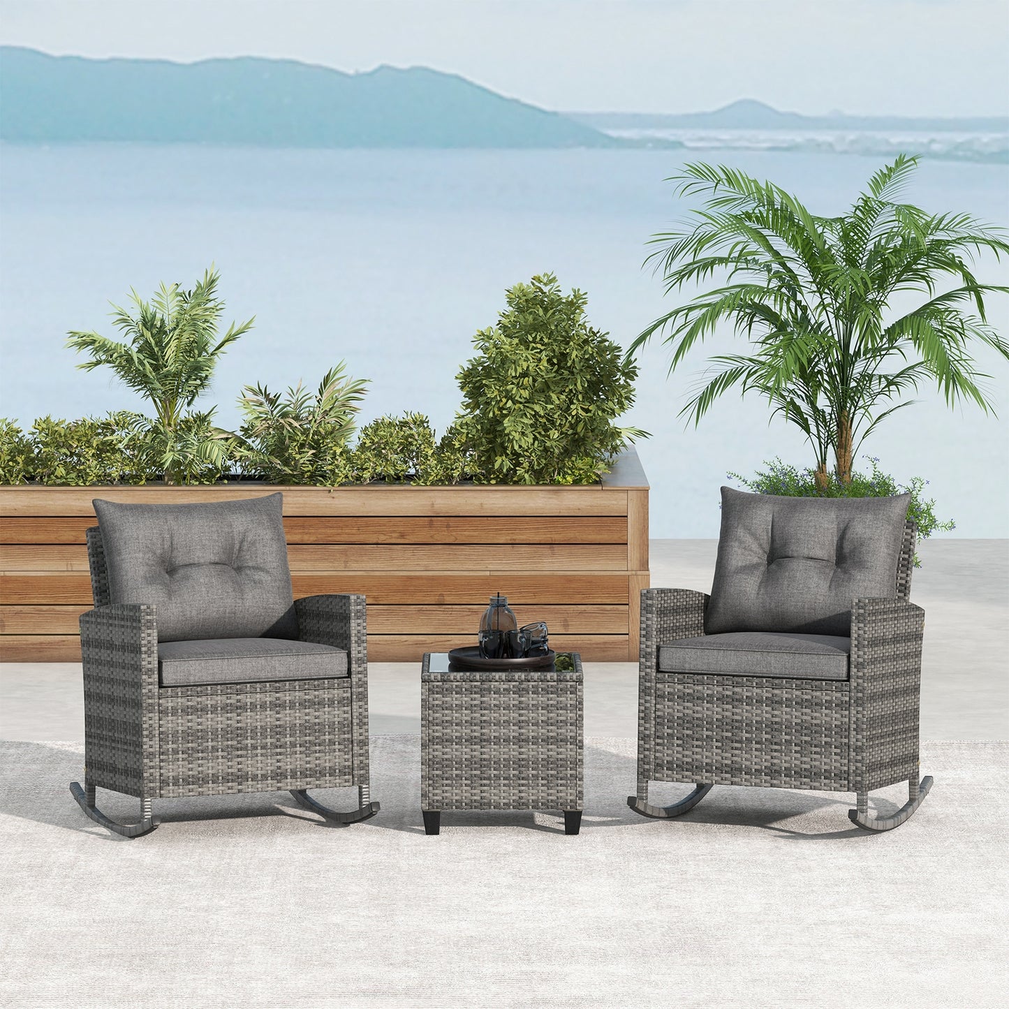 Rattan Rocker Chair With Glass Table, Soft Cushions, Gray Patio Conversation Sets at Gallery Canada
