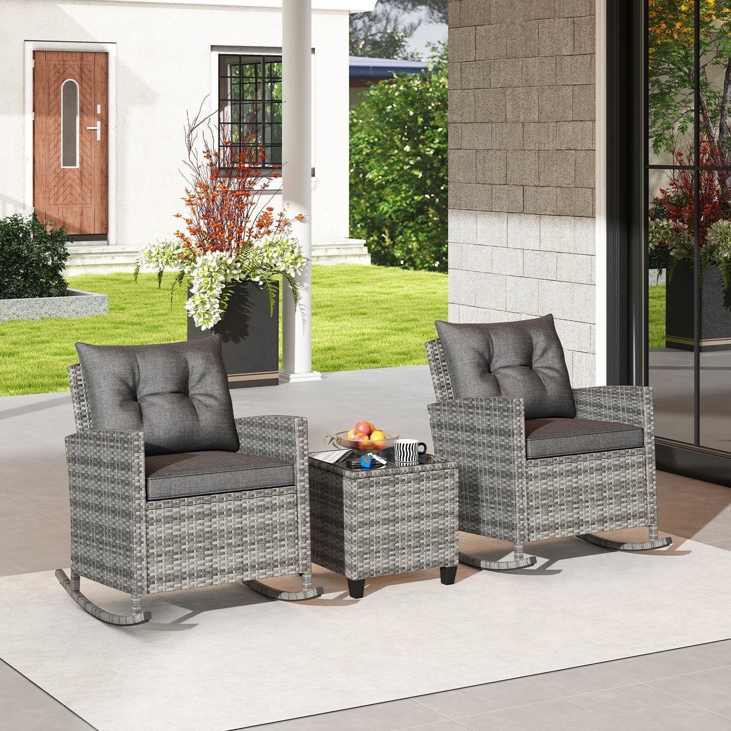 Rattan Rocker Chair With Glass Table, Soft Cushions, Gray Patio Conversation Sets at Gallery Canada