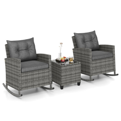 Rattan Rocker Chair With Glass Table, Soft Cushions, Gray Patio Conversation Sets at Gallery Canada