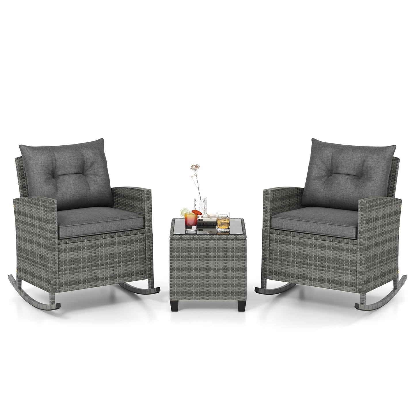 Rattan Rocker Chair With Glass Table, Soft Cushions, Gray Patio Conversation Sets at Gallery Canada
