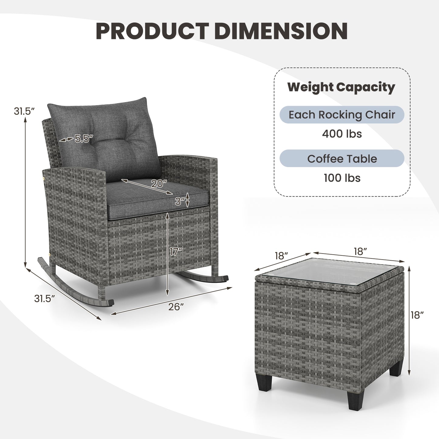 Rattan Rocker Chair With Glass Table, Soft Cushions, Gray Patio Conversation Sets at Gallery Canada