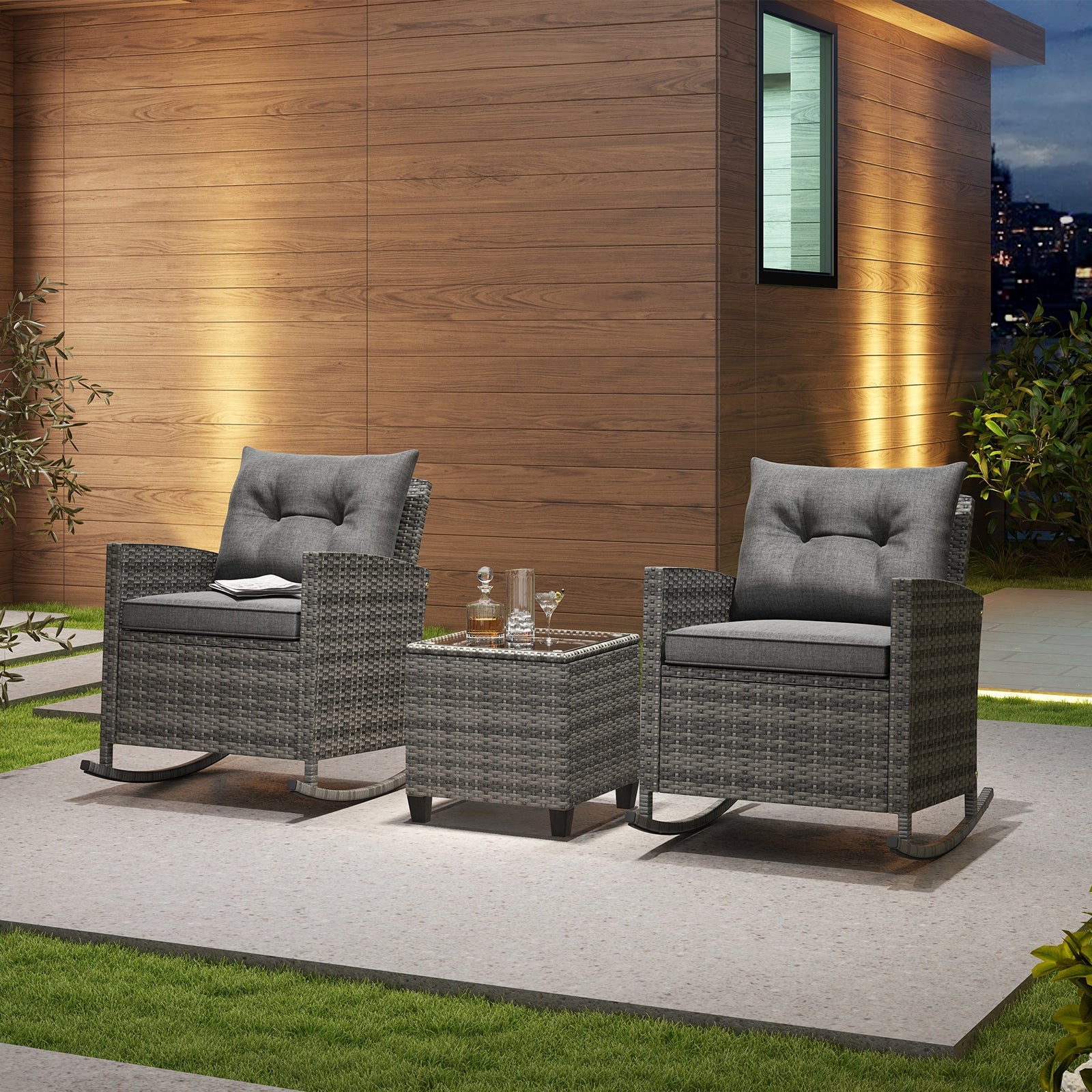 Rattan Rocker Chair With Glass Table, Soft Cushions, Gray Patio Conversation Sets at Gallery Canada