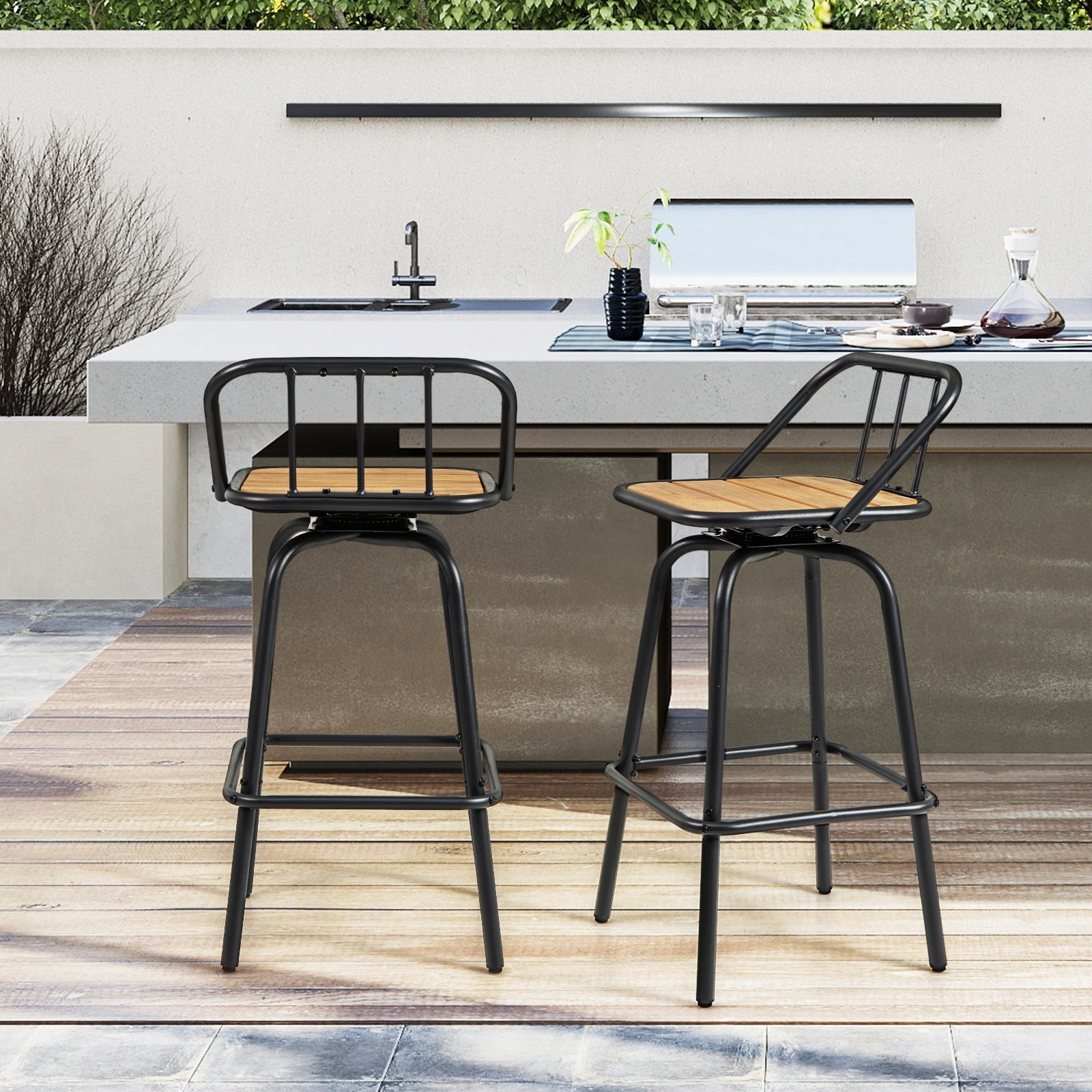 360° Swivel Bar Stool Set Of 2, Footrest, Backrest, Natural, Black Bar Stools at Gallery Canada